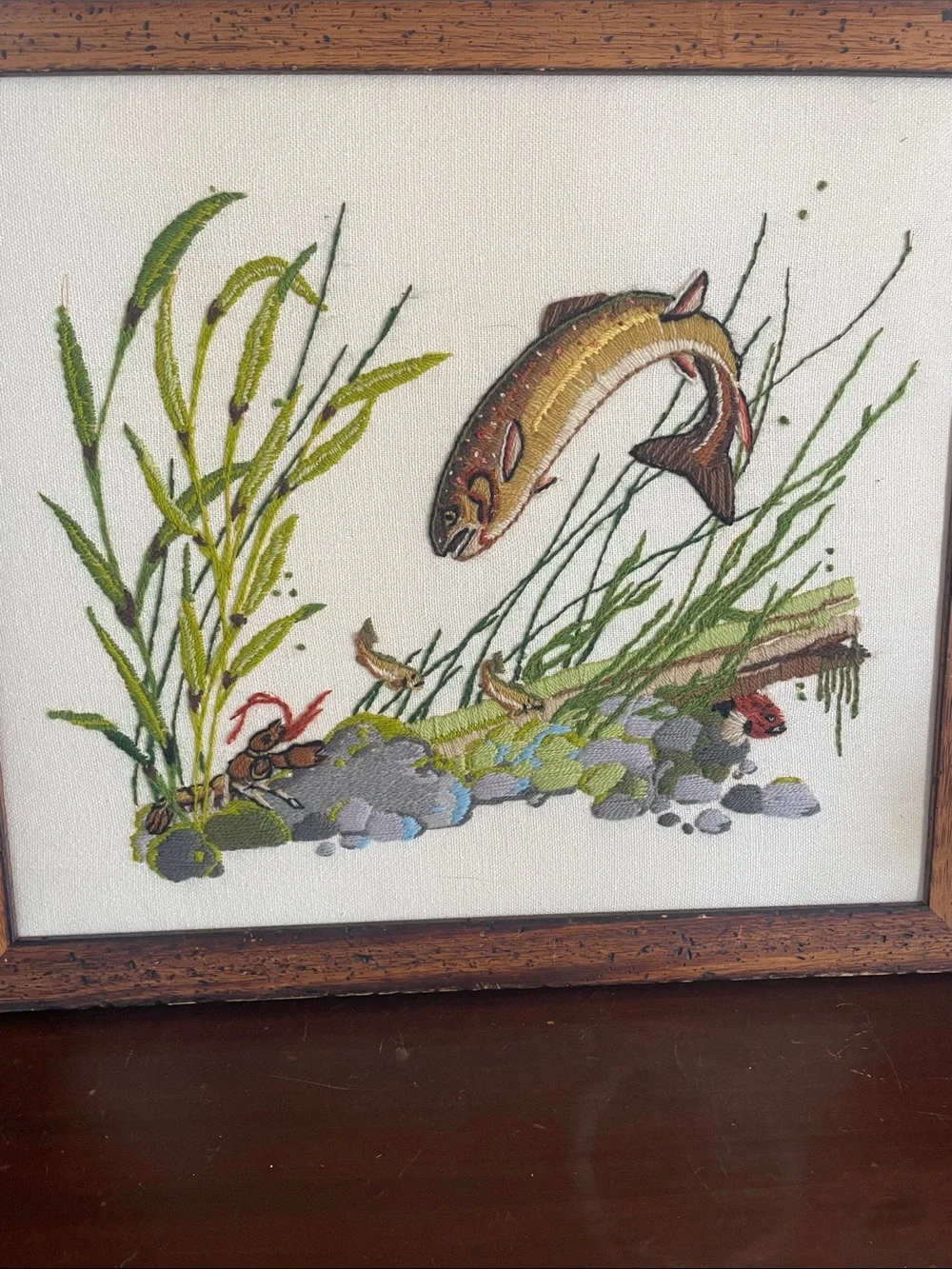 Embroidered Fish Aquarium Art - Green and Brown, hand made
